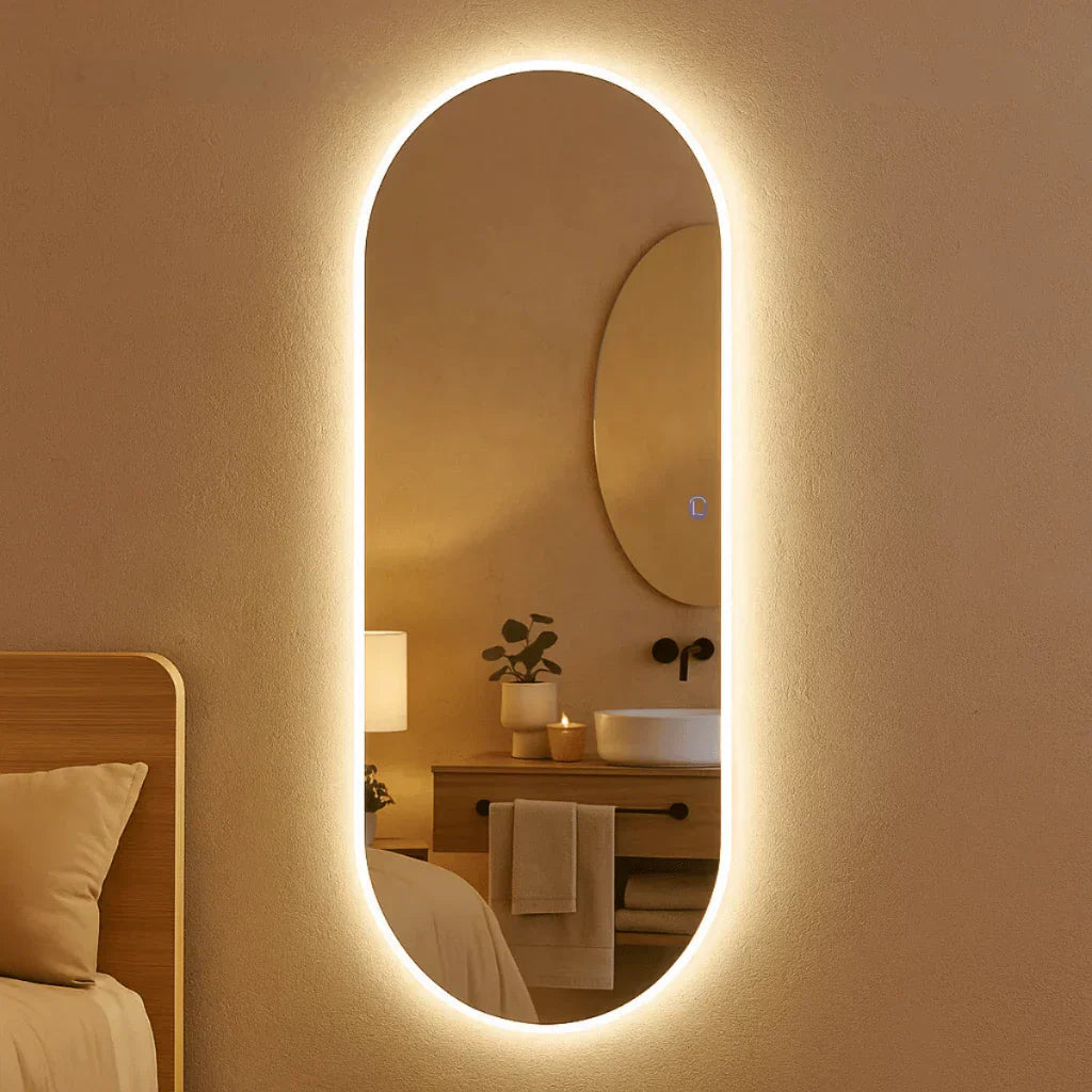 Ganzkörperspiegel mit geradem Fuß und Warm/Cool Touch LED, 150 x 40 cm und 110 x 50 cm – Poliert – Sale