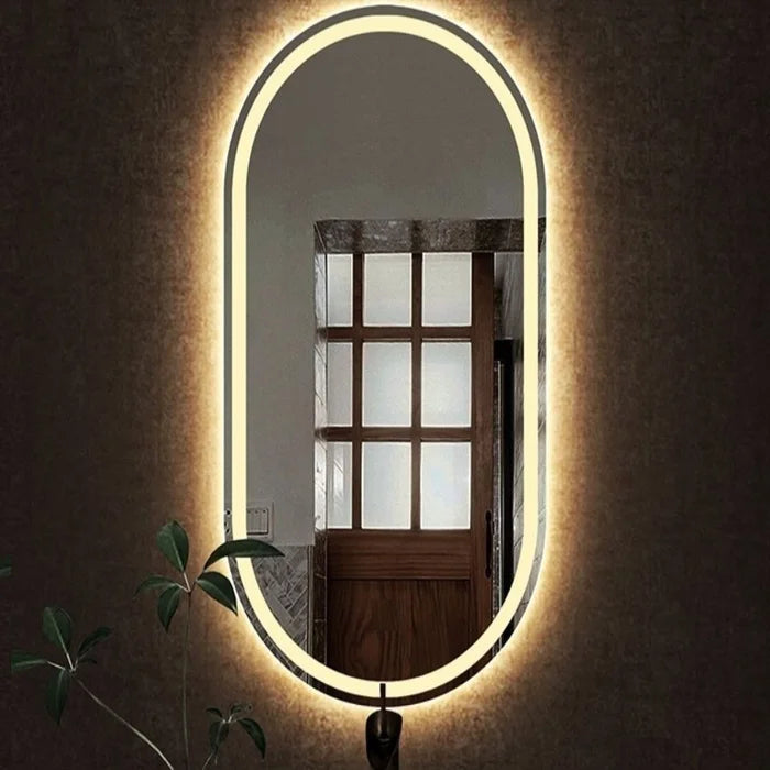 Sandgestrahlter ovaler Spiegel mit warmer LED-Beleuchtung – 60 x 150 cm | Holz und ovales Glas