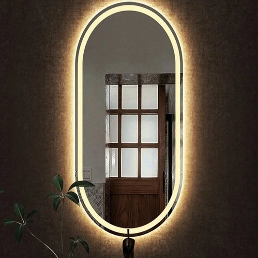 Sandgestrahlter ovaler Spiegel mit warmer LED-Beleuchtung – 60 x 150 cm | Holz und ovales Glas